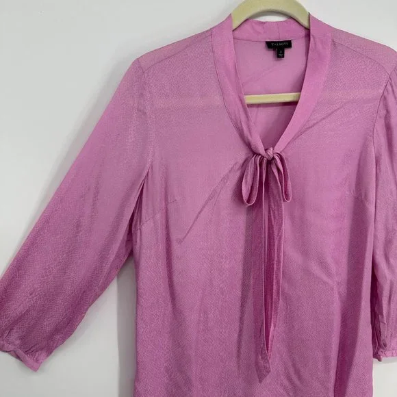 3/$25 Talbots Satin Snake Skin Embossed Top 2 Tie Neck Blouse 3/4 Sleeves Pink - Picture 4 of 7